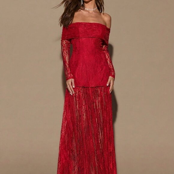 MODA ME COUTURE Dresses & Skirts - Red Elegant Women's Lace Off Shoulder Long Sleeve Dress
